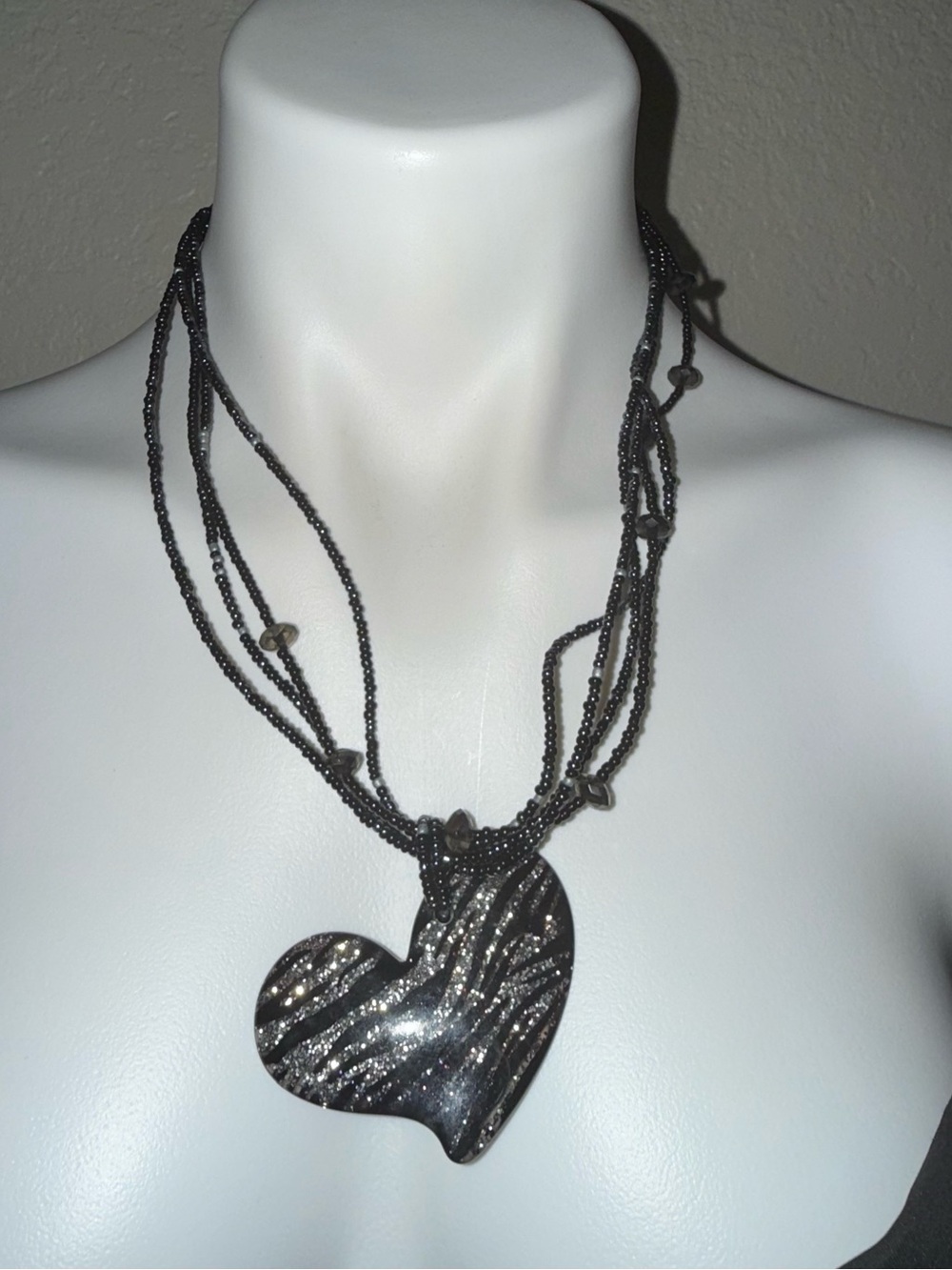 Y2K Black Glitter zebra Heart Pendant Multi-Strand Necklace